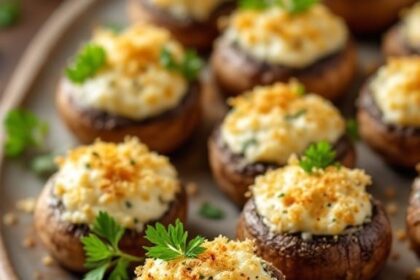 Savory Garlic and Herb Stuffed Mushrooms 1 A delicious platter of stuffed mushrooms filled with cream cheese and herbs, garnished with parsley on a rustic table.