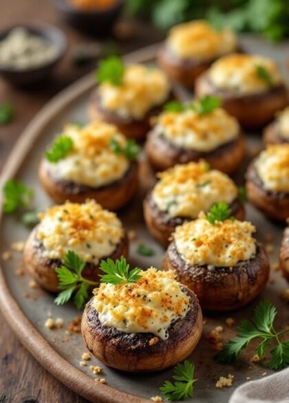 Savory Garlic and Herb Stuffed Mushrooms 12 A delicious platter of stuffed mushrooms filled with cream cheese and herbs, garnished with parsley on a rustic table.