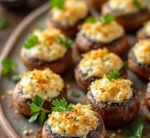 Savory Garlic and Herb Stuffed Mushrooms 4 A delicious platter of stuffed mushrooms filled with cream cheese and herbs, garnished with parsley on a rustic table.