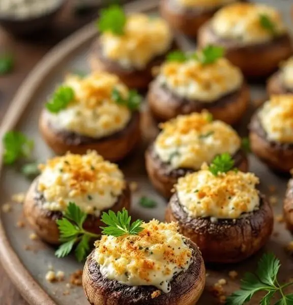 Savory Garlic and Herb Stuffed Mushrooms 1 A delicious platter of stuffed mushrooms filled with cream cheese and herbs, garnished with parsley on a rustic table.