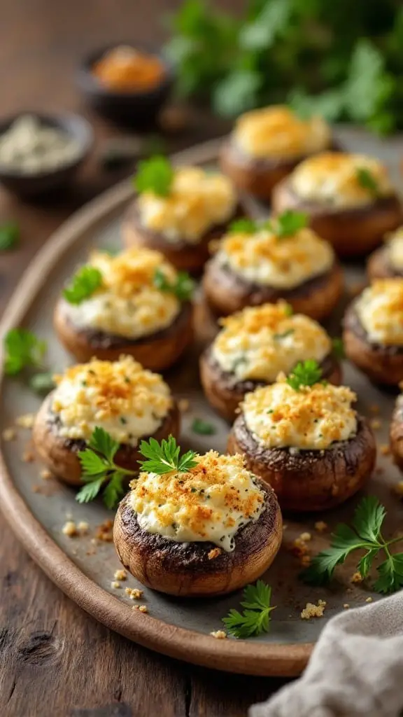 A delicious platter of stuffed mushrooms filled with cream cheese and herbs, garnished with parsley on a rustic table.