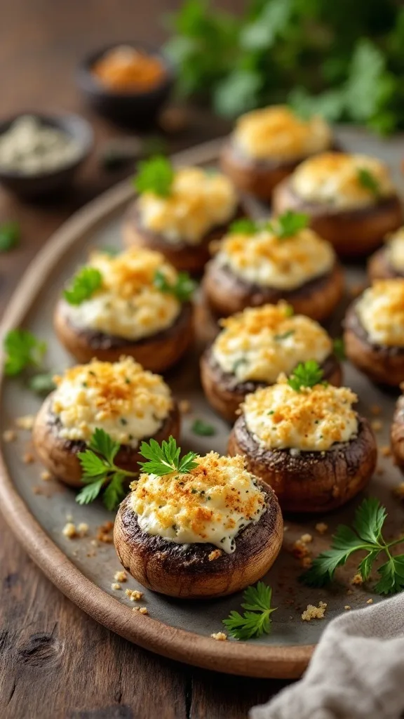 A delicious platter of stuffed mushrooms filled with cream cheese and herbs, garnished with parsley on a rustic table.