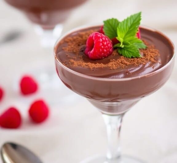 Decadent vegan chocolate avocado mousse in glass dishes garnished with raspberries and cocoa powder.