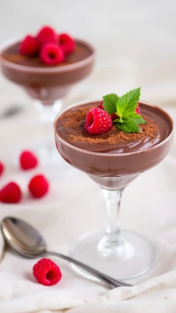 Decadent vegan chocolate avocado mousse in glass dishes garnished with raspberries and cocoa powder.