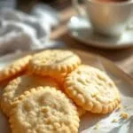 A plate of golden pure vanilla cookies with a cup of tea in a cozy kitchen.