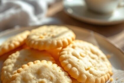 Classic Pure Vanilla Cookie Recipe 29 A plate of golden pure vanilla cookies with a cup of tea in a cozy kitchen.