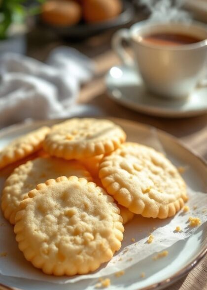 A plate of golden pure vanilla cookies with a cup of tea in a cozy kitchen.