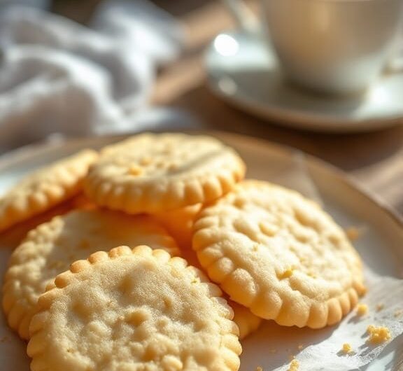 A plate of golden pure vanilla cookies with a cup of tea in a cozy kitchen.