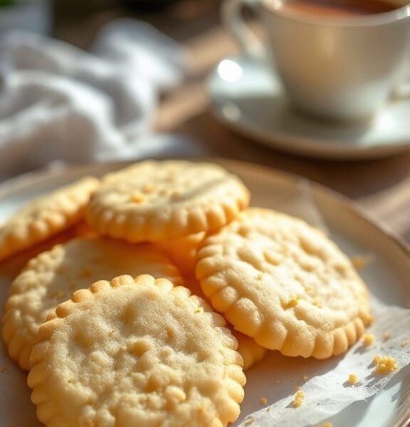 Classic Pure Vanilla Cookie Recipe 1 A plate of golden pure vanilla cookies with a cup of tea in a cozy kitchen.
