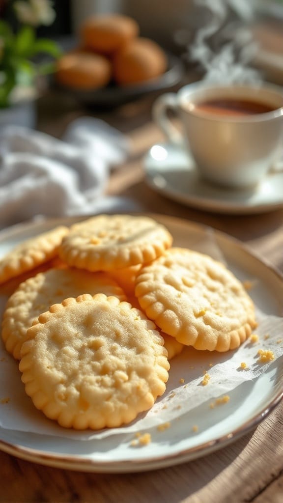 A plate of golden pure vanilla cookies with a cup of tea in a cozy kitchen.