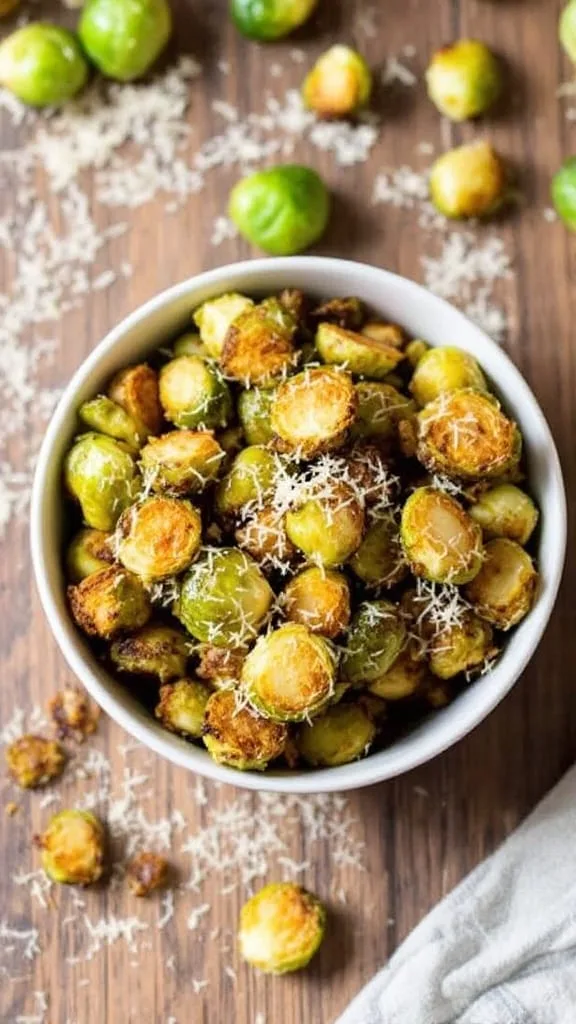 Crispy air fried Brussels sprouts garnished with Parmesan cheese in a rustic bowl on a wooden table.