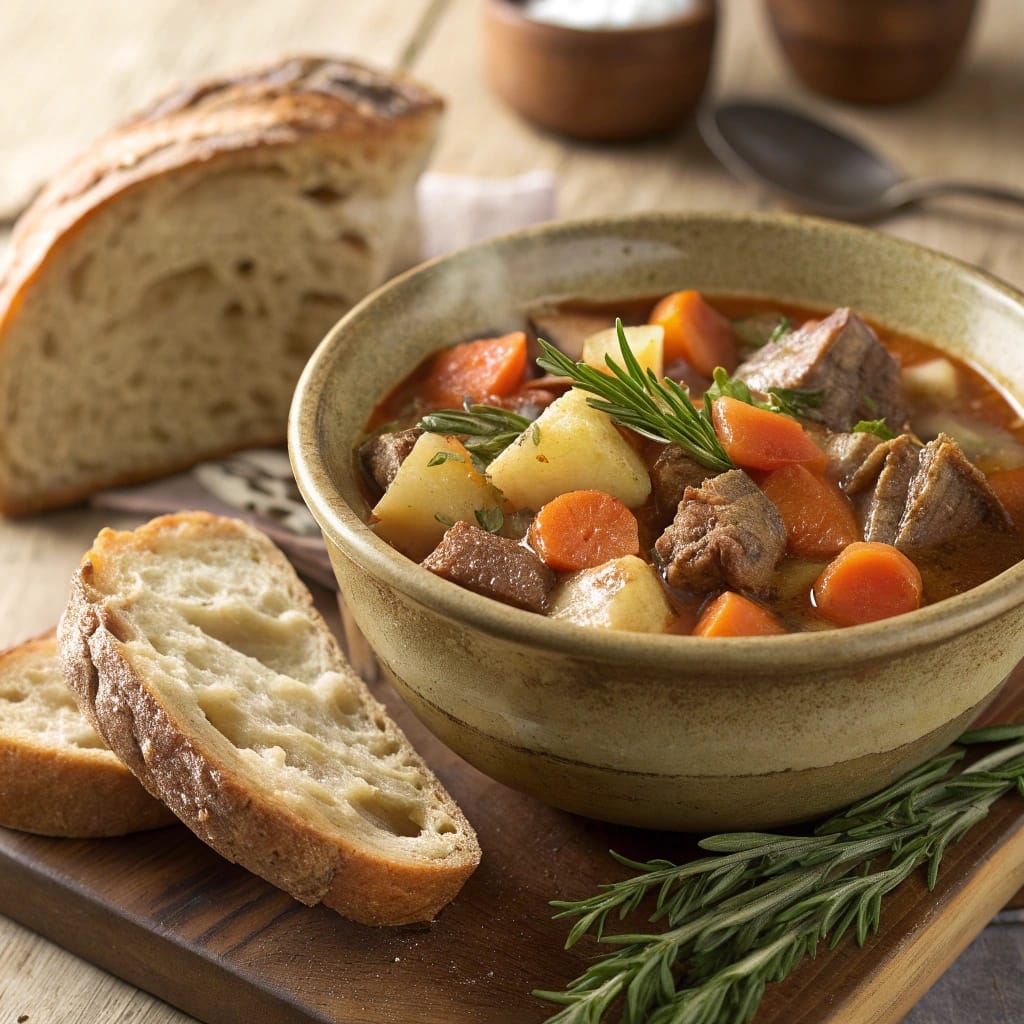 10 Delicious Irish Recipes to Celebrate St. Patrick's Day 6 A bowl of Irish lamb stew with root vegetables, accompanied by slices of bread.