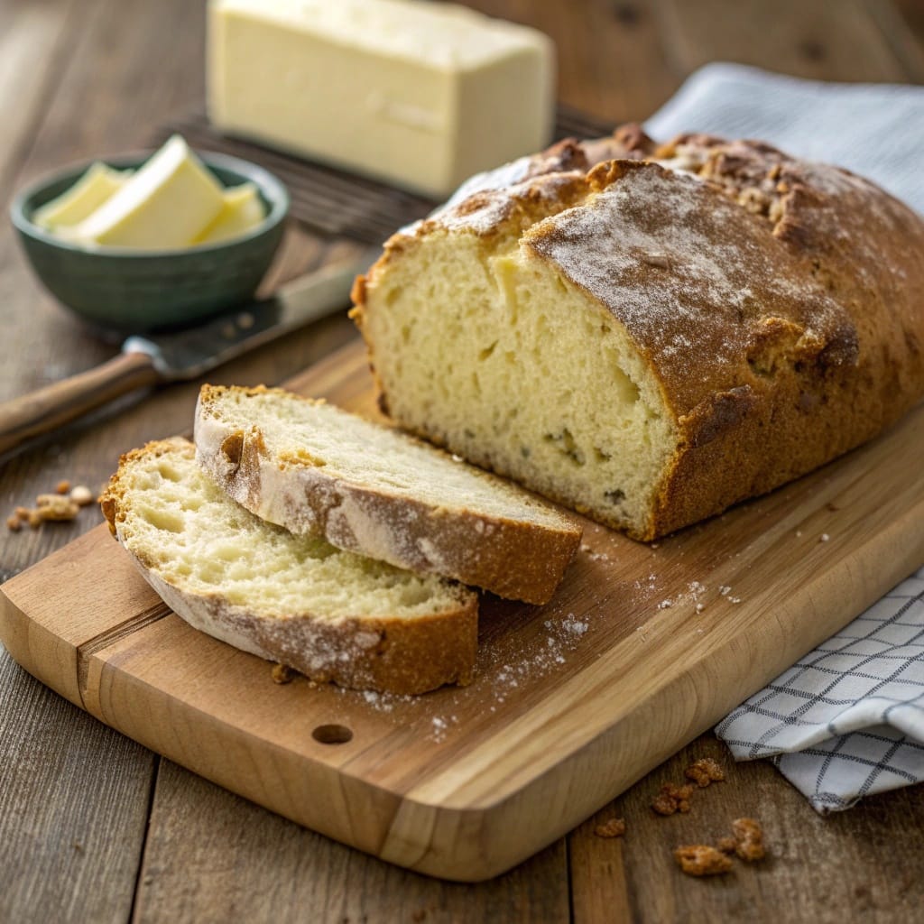10 Delicious Irish Recipes to Celebrate St. Patrick's Day 7 Freshly baked Irish soda bread on a wooden board with a pat of butter
