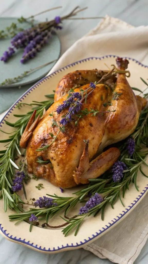Valentines Day Dinner Ideas 10 A beautifully roasted chicken garnished with lavender and rosemary