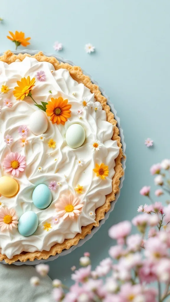 Lemon Meringue Pie decorated with flowers and pastel eggs for Easter