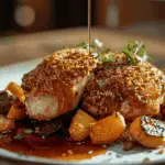Crispy maple-glazed chicken thighs served with roasted vegetables on a rustic table.