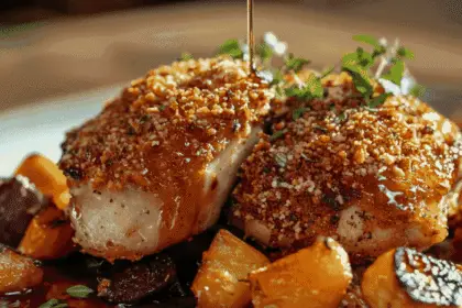 Crispy Maple-Glazed Chicken Thighs 1 Crispy maple-glazed chicken thighs served with roasted vegetables on a rustic table.