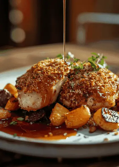 Crispy maple-glazed chicken thighs served with roasted vegetables on a rustic table.