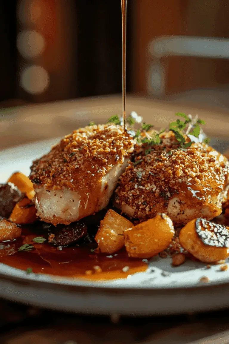 Crispy maple-glazed chicken thighs served with roasted vegetables on a rustic table.
