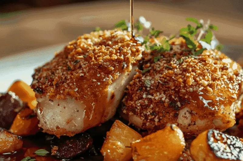Crispy maple-glazed chicken thighs served with roasted vegetables on a rustic table.