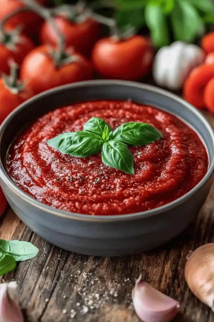 Classic Homemade Marinara Sauce A bowl of homemade marinara sauce garnished with basil on wooden table surrounded by tomatoes and garlic.