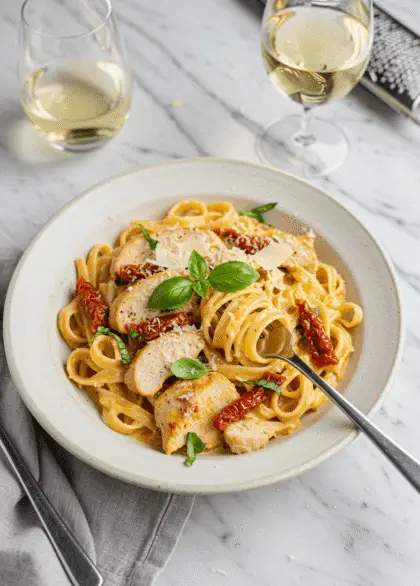 a dish of marry me chicken pasta