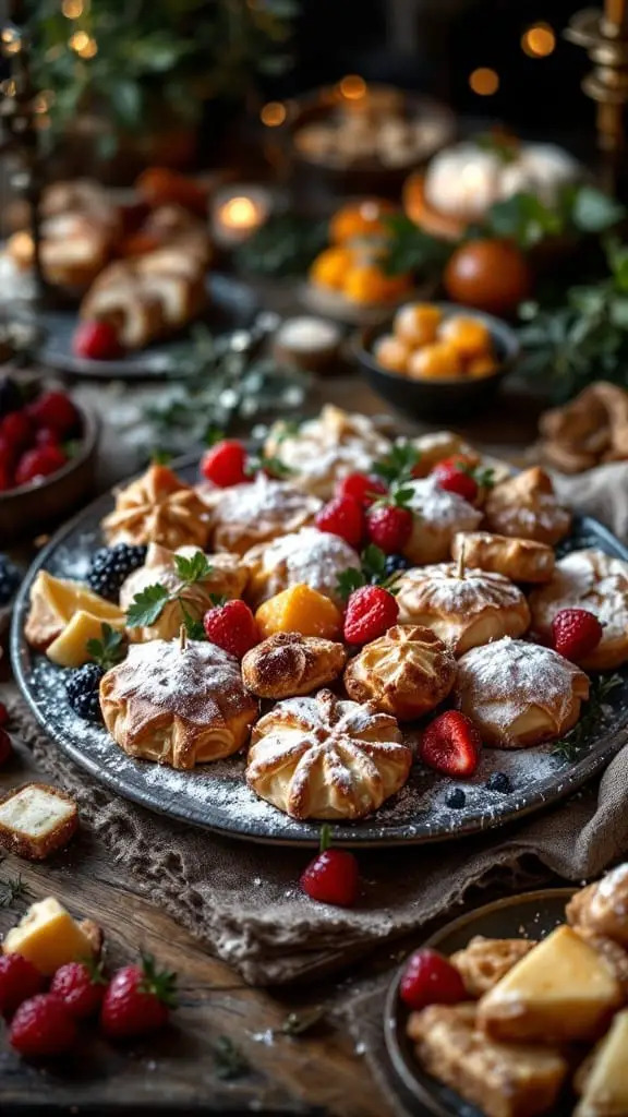 12 Fun Food Ideas for a Medieval Themed Party 13 A platter of medieval-style pastries with berries and powdered sugar.
