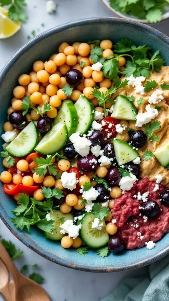 A vibrant Mediterranean chickpea Buddha bowl with fresh vegetables and hummus.