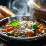 a bowl of steaming minestrone soup