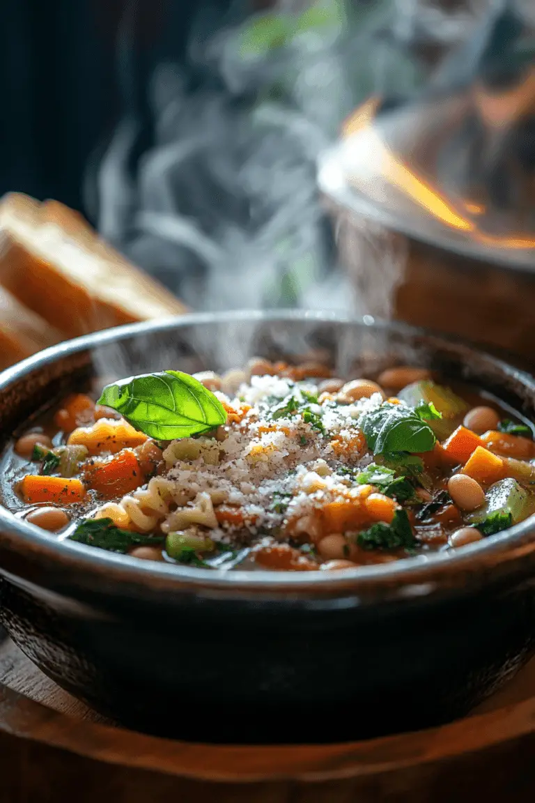 a bowl of steaming minestrone soup