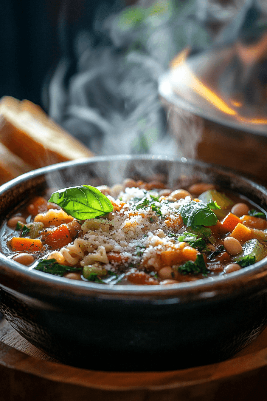 a bowl of steaming minestrone soup