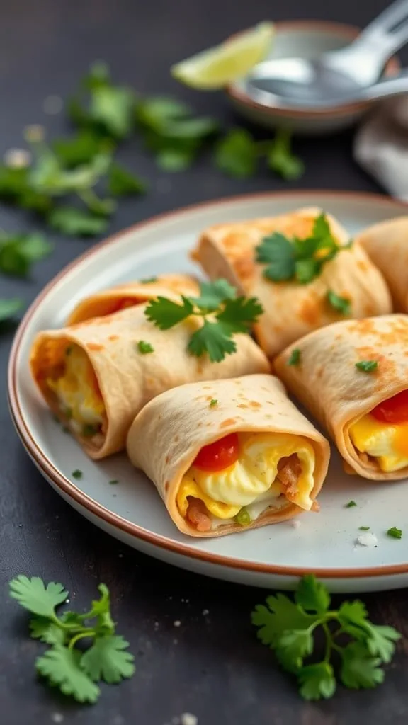Mini breakfast burritos filled with eggs, cheese, and veggies.