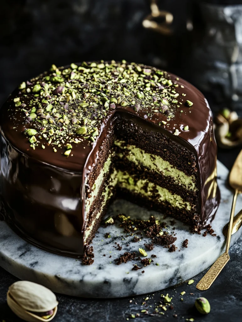 Dubai Chocolate Pistachio Bar Cake – A Luxurious & Indulgent Dessert 2 A luxurious dessert featuring layers of moist chocolate cake, creamy pistachio filling, and a smooth milk chocolate glaze, garnished with chopped pistachios and edible gold dust
