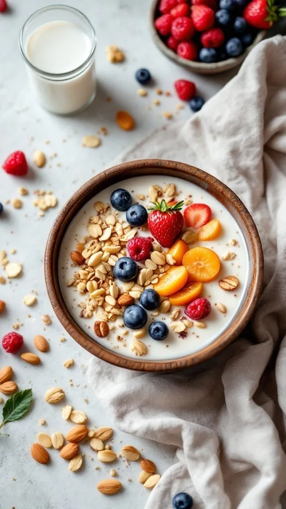 A bowl of muesli topped with nuts and berries, served with almond milk.