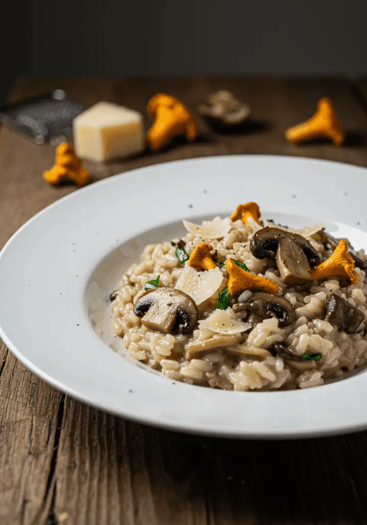 Valentines Day Dinner Ideas 7 A bowl of creamy mushroom risotto garnished with parsley, complemented by a glass of white wine.