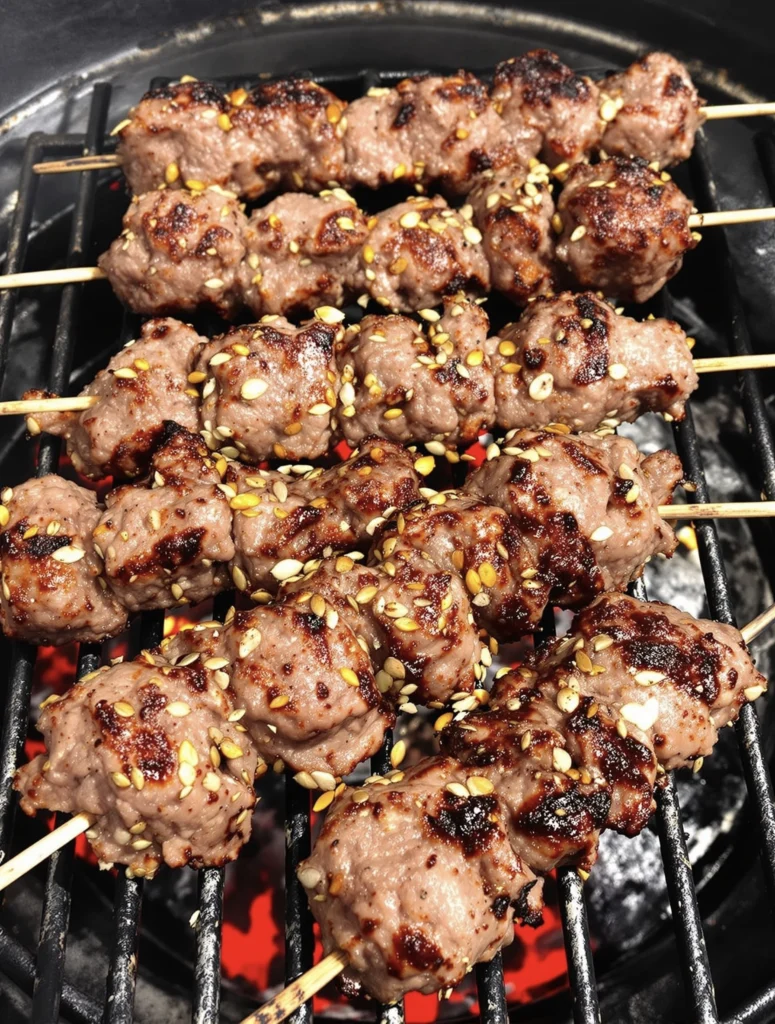 Lamb kebabs with mustard seeds on a grill