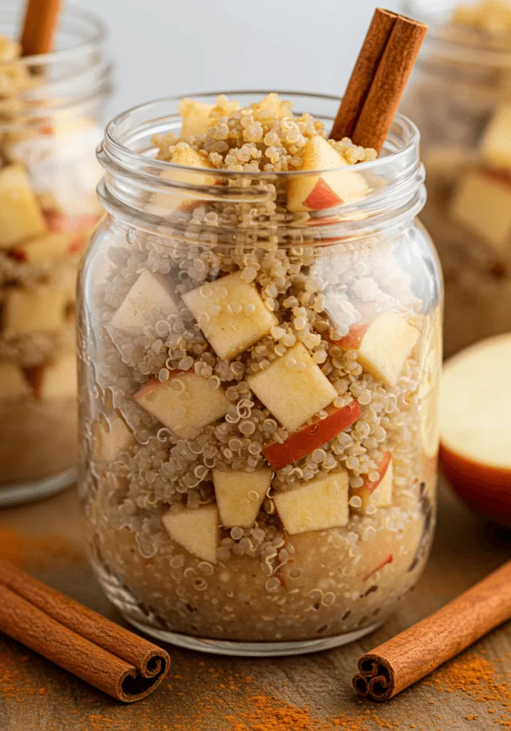 A jar of Apple Cinnamon Overnight Quinoa with diced apples and cinnamon sticks.