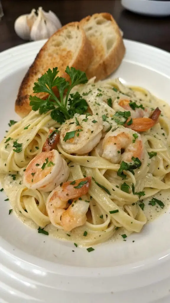 Valentines Day Dinner Ideas 4 A romantic plate of pasta with creamy garlic sauce and shrimp, garnished with parsley.