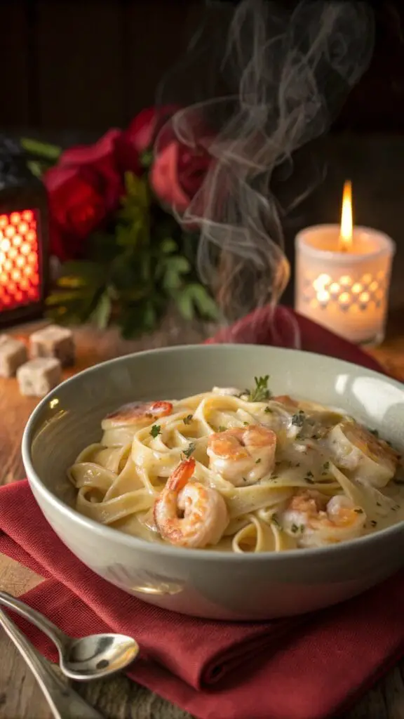 Perfect Valentines Day Dinner Ideas 4 A romantic plate of pasta with creamy garlic sauce and shrimp, garnished with parsley.