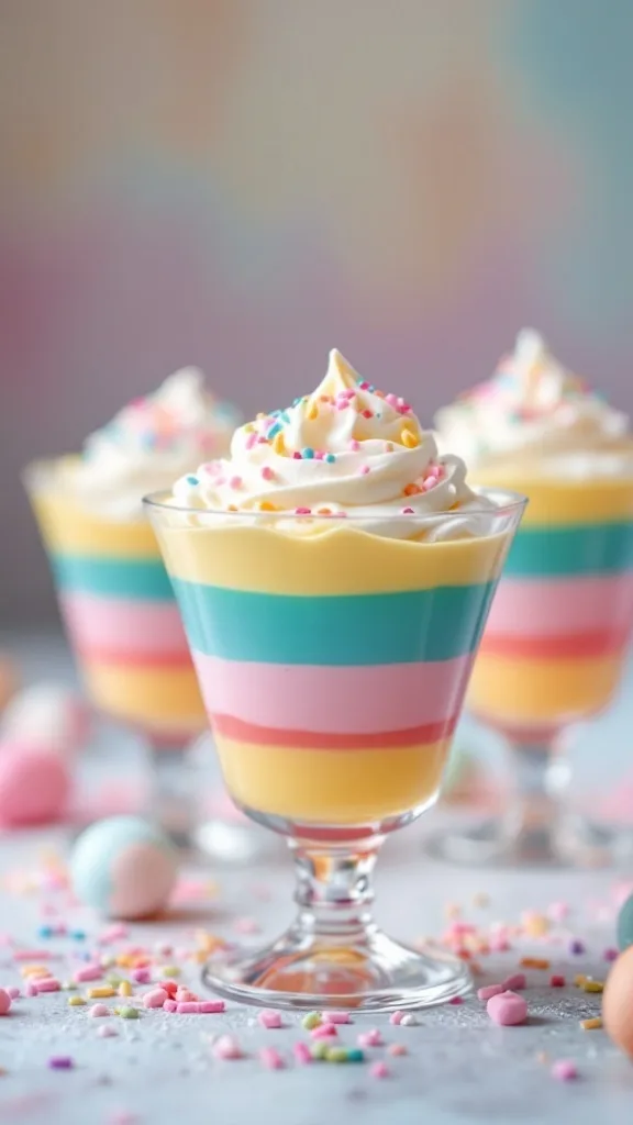 Pastel layered jello cups with whipped cream and sprinkles