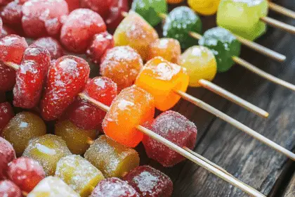 Colorful Tanghulu skewers with candied strawberries and grapes on a wooden table.