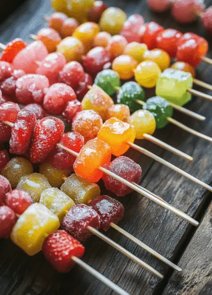 Colorful Tanghulu skewers with candied strawberries and grapes on a wooden table.