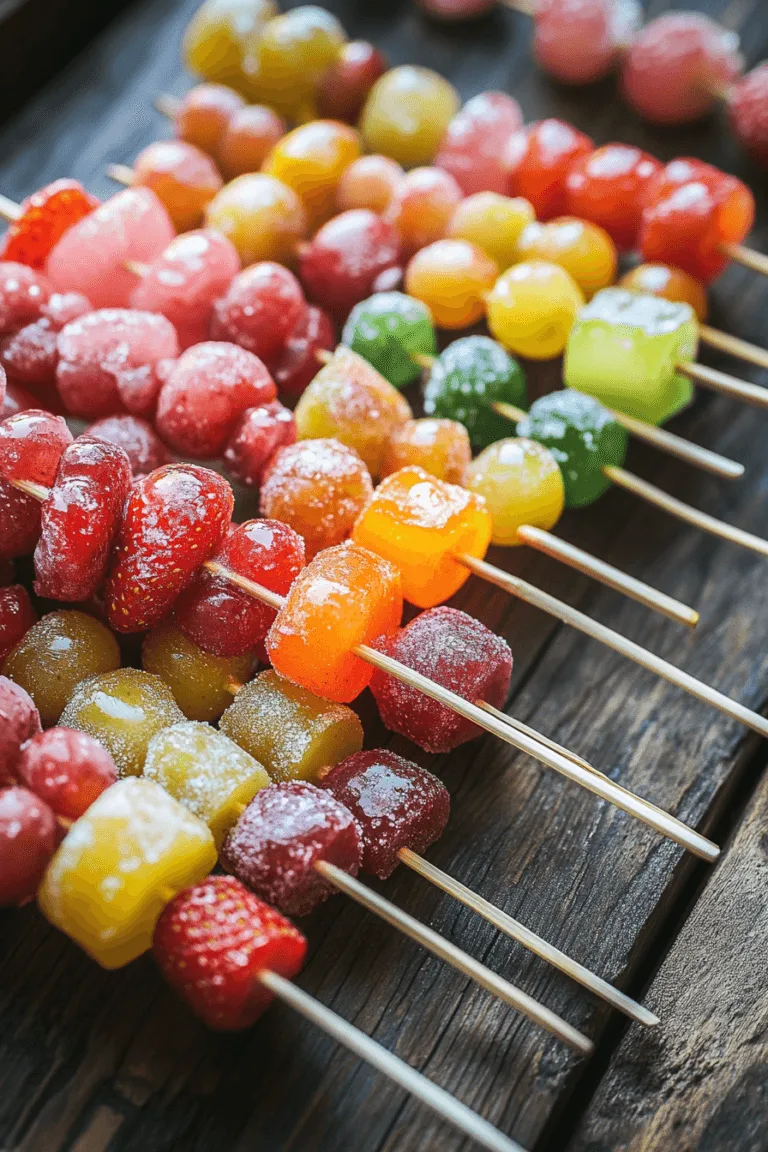 Colorful Tanghulu skewers with candied strawberries and grapes on a wooden table.