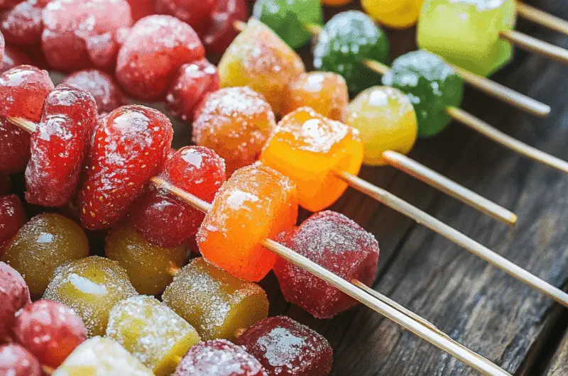 Colorful Tanghulu skewers with candied strawberries and grapes on a wooden table.
