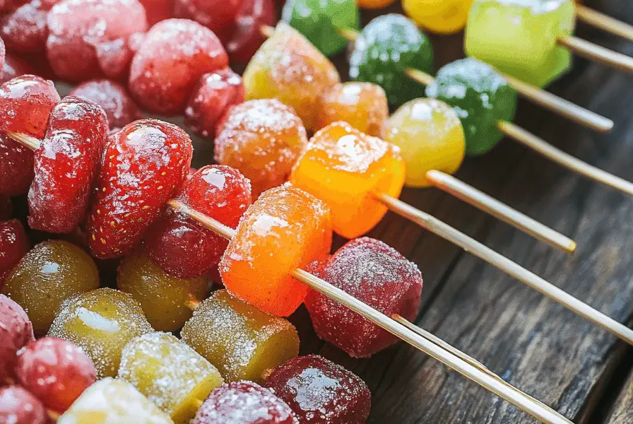 Sweet and Tangy Tanghulu (Candied Fruit) Recipe 1 Colorful Tanghulu skewers with candied strawberries and grapes on a wooden table.
