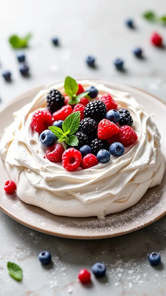 A beautiful pavlova nest topped with a variety of fresh berries and mint leaves.