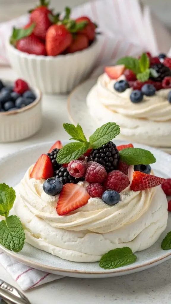 A beautiful pavlova nest topped with a variety of fresh berries and mint leaves.