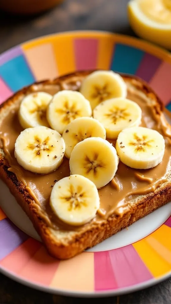 Peanut butter and banana toast on a white plate.