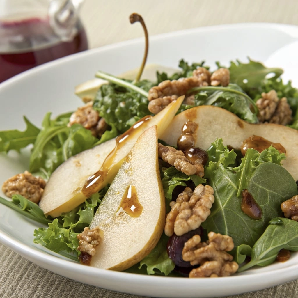 A fresh salad with pears and walnuts on a light background.