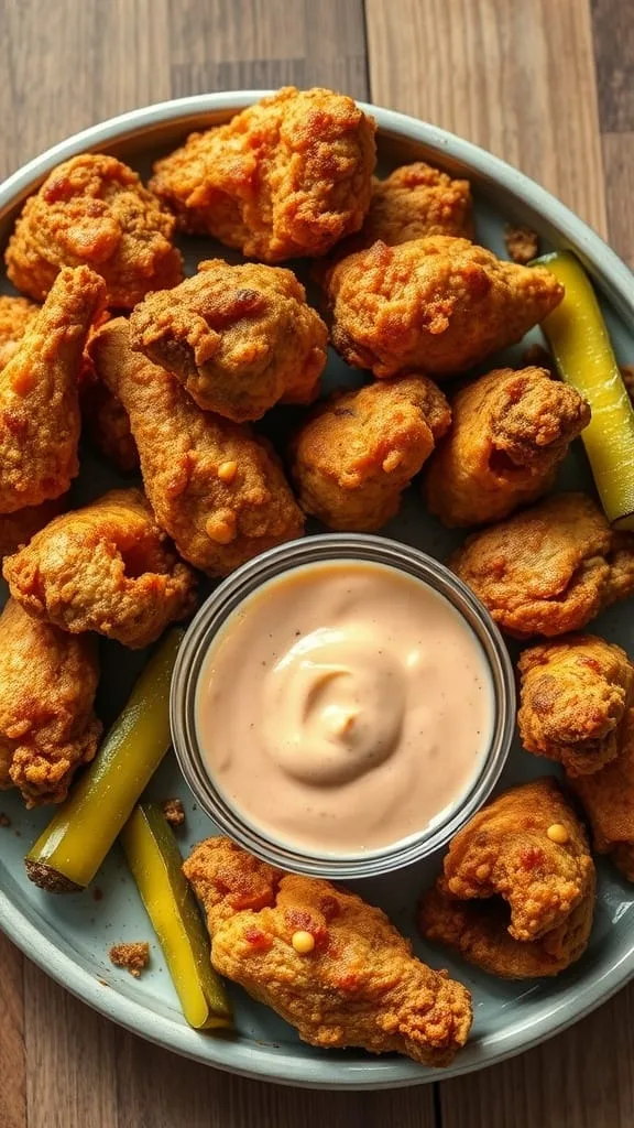 A platter of crispy fried chicken wings with pickles and dipping sauce.